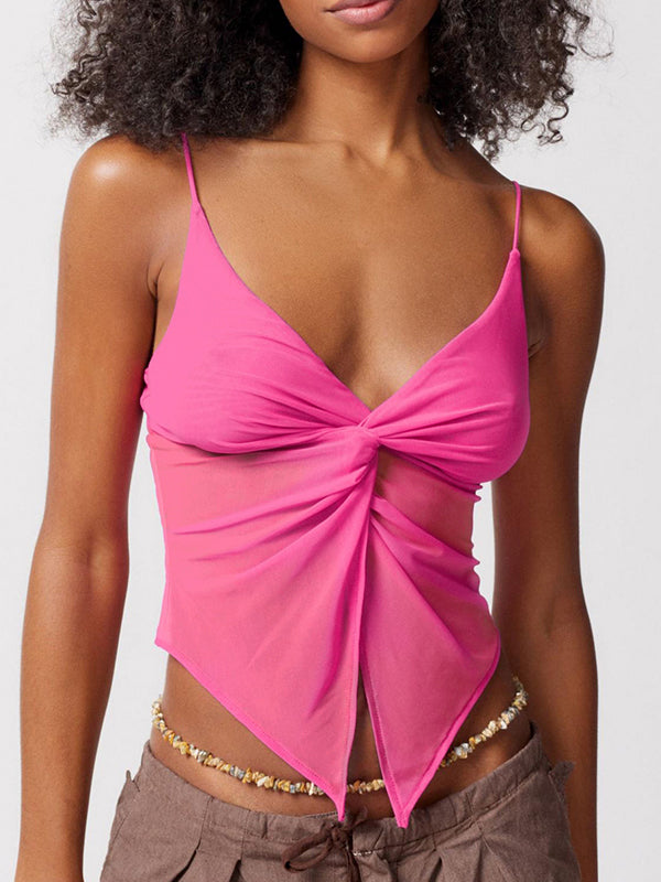 Einfarbiges Y2k V Ausschnitt Mesh Cami Top