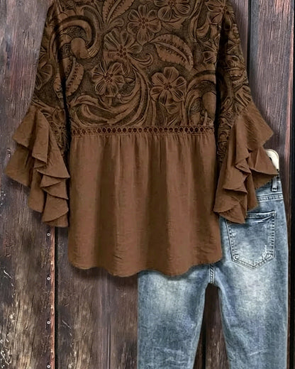 Bluse Vintage Blumenprint Asymmetrischer Rüschenärmel