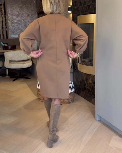 Kleid Mandarin Kragen Laternenärmel Einfarbig