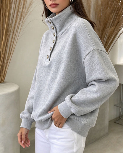 Sweatshirt Hoher Kragen Geknöpft Langarm