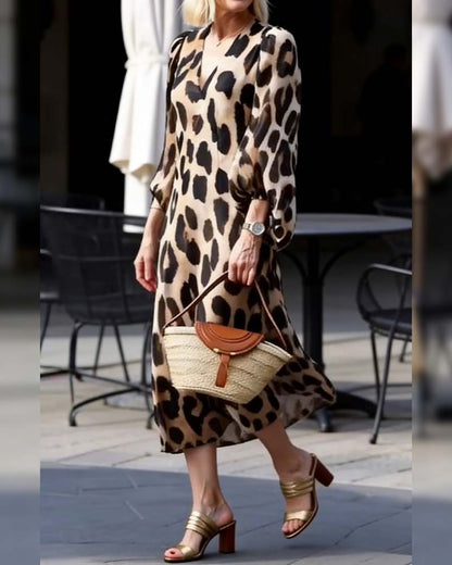 Kleid Laternenärmel V-Ausschnitt Leopardenprint