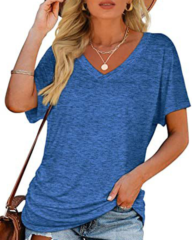 T-Shirt Plissiert Einfarbig V-Ausschnitt