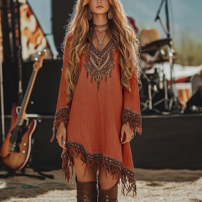 Embroidered Bohemian Mini Dress with Fringe for Women - Patrizia