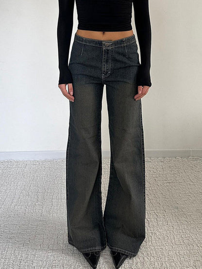 Blaue Vintage Schlagjeans mit Falten Schlichtem Modischem Design