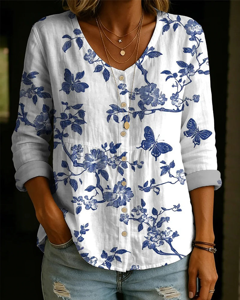 Bluse Mit Schmetterlings- Und Blumenprint Sowie Knopfleiste