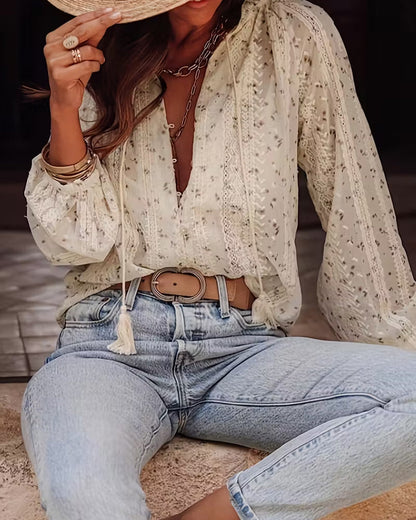 Bluse Blümchen Schnürung Elegant