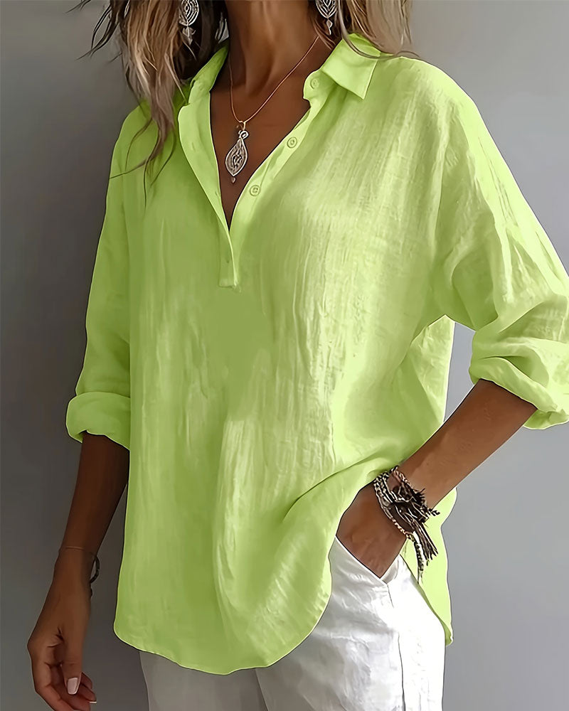 Bluse Einfarbig Revers Halbe Knopfleiste Langarm