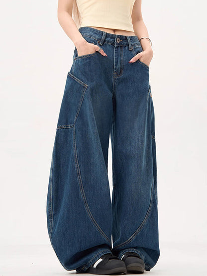 Vintage Blaue Boyfriend Jeans mit Großen Taschen und Weitem Krummschnitt