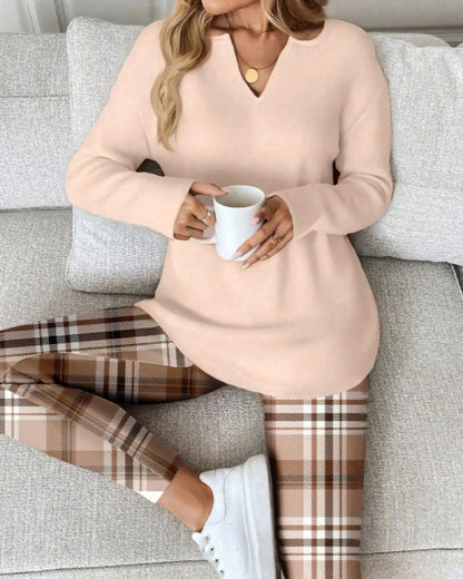Set V-Ausschnitt Einfarbig Oberteil + Karo Hose Loungewear