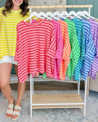 T-Shirt Loose Fit Streifen Schlitz Fledermausärmel