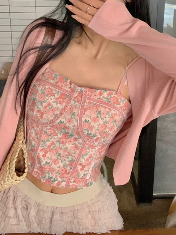 Vintage Blumenprint Korsett Top mit kurzem Bund