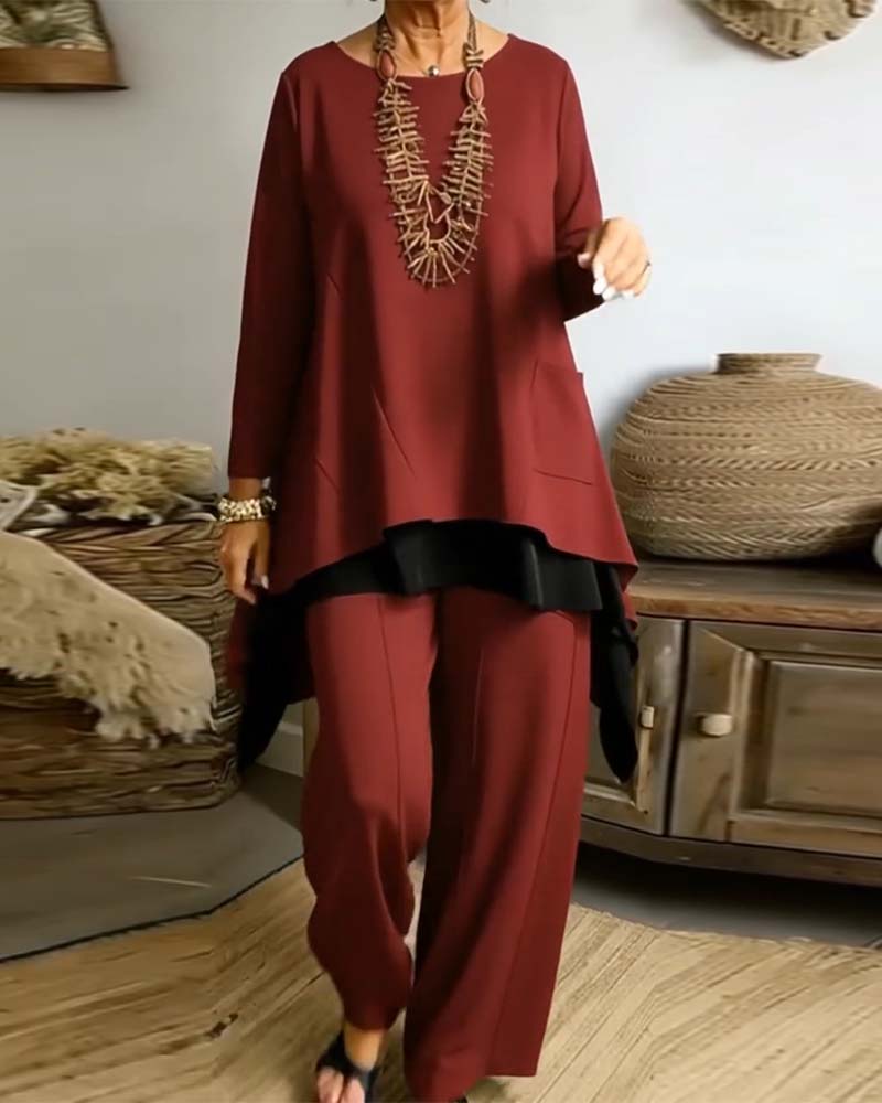 Set unregelmäßig langärmliges Top und gerade geschnittene Hose