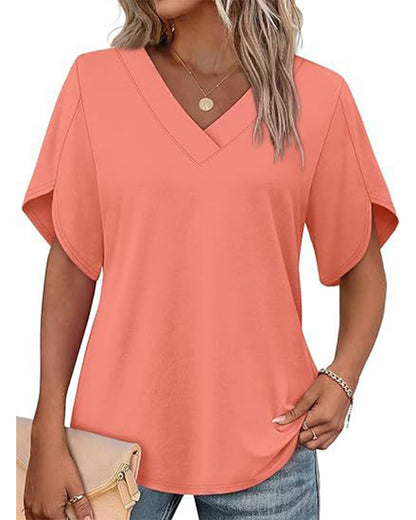 T-Shirt V-Ausschnitt Kleiner Schlitz Kurzarm Einfarbig
