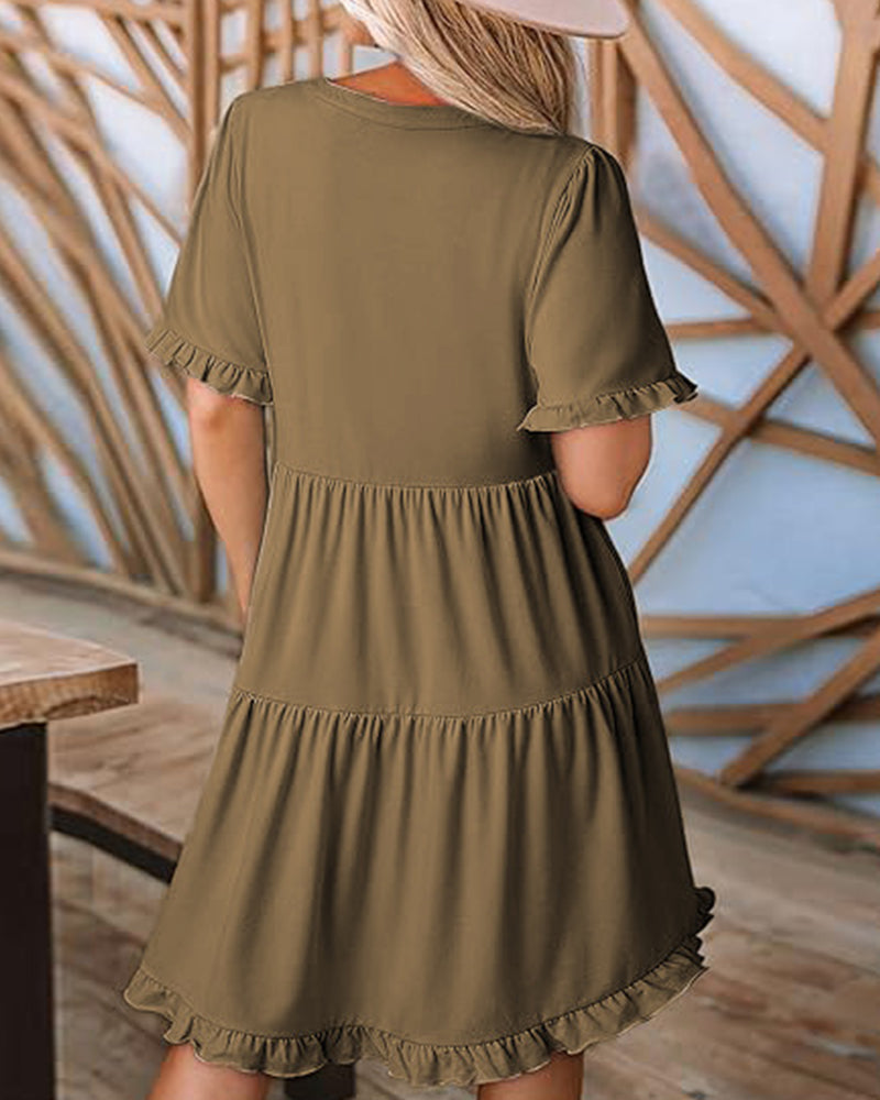 Kleid Rüschenbesatz V-Ausschnitt Stufensaum