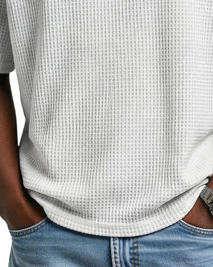 Herren-V-Ausschnitt-Shirt In Waffelstruktur, Lässiges Kurzarm-Oberteil In Unifarbe