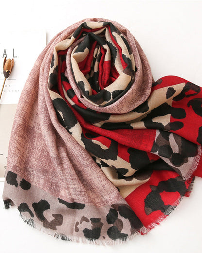 Damen Schal Leopard Patchwork Print Fransen Schal