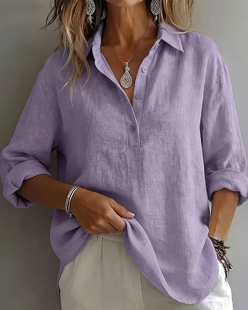 Bluse Einfarbig Revers Halbe Knopfleiste Langarm