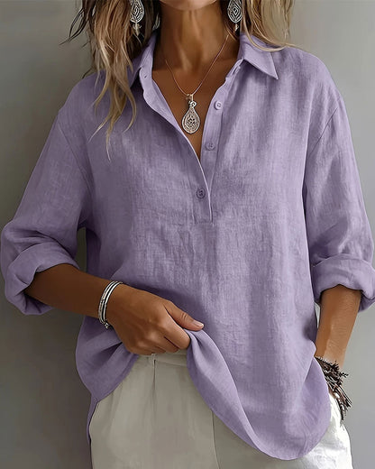 Bluse Einfarbig Revers Halbe Knopfleiste Langarm