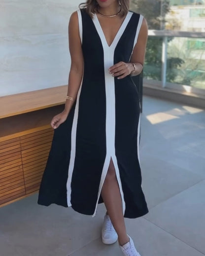 Kleid Colorblock ärmellos Schlitz Maxi