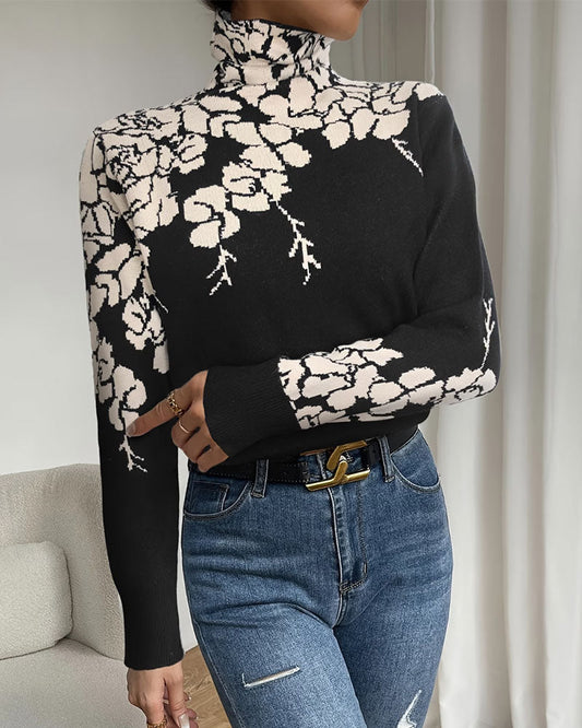 Pullover Hoher Hals Blumig Jacquard