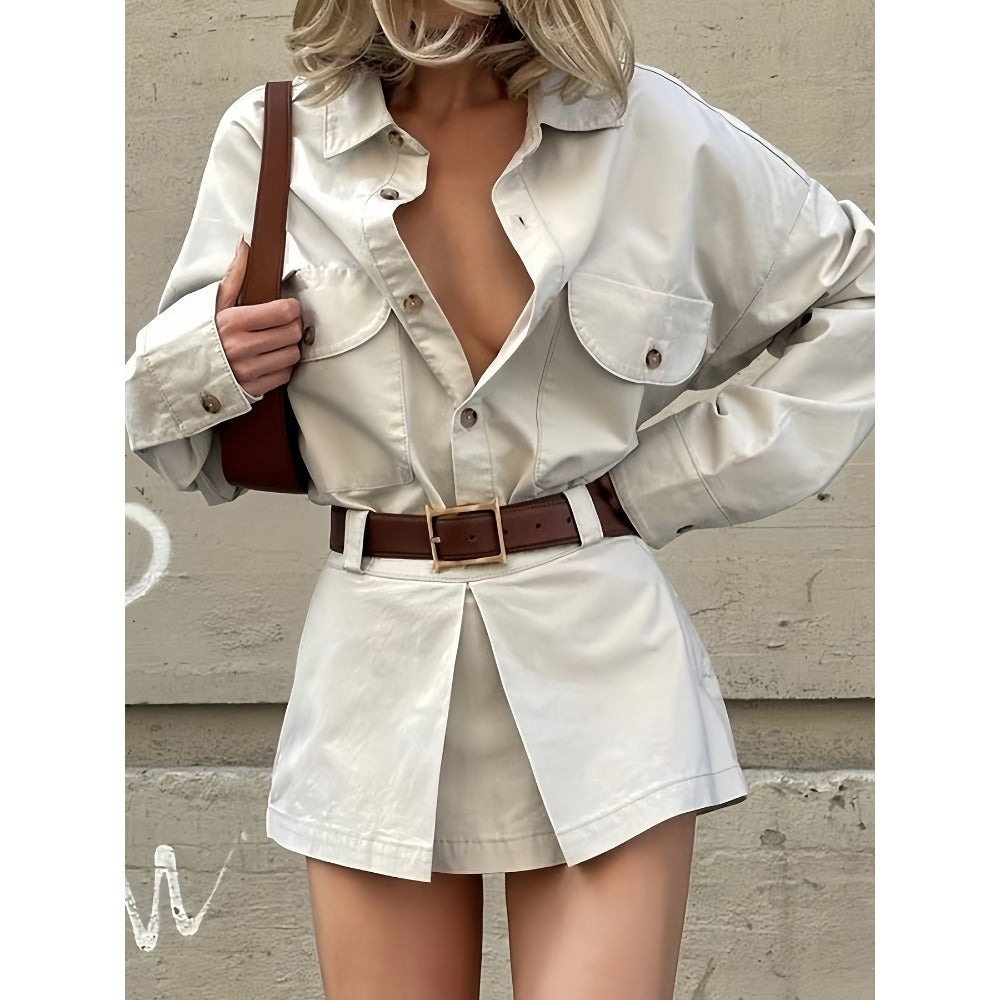 White Long Sleeve Button-Up Shirt Dress with Belt for Women - Flavia