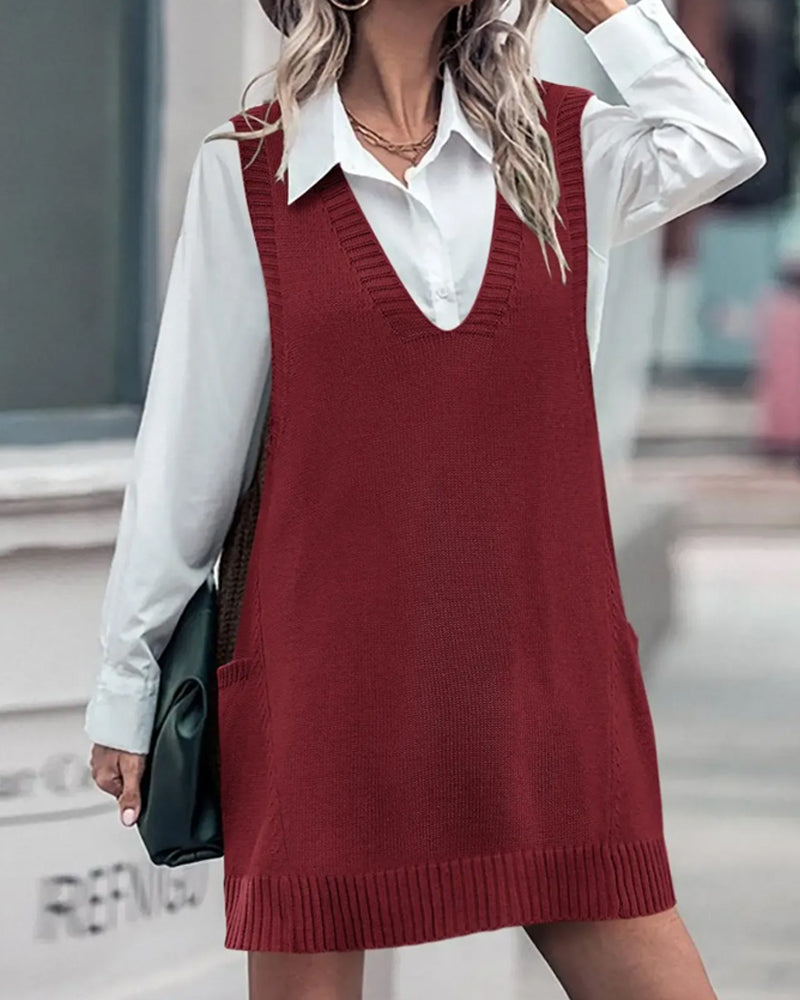 Kleid V-Ausschnitt Ärmellos Pullover Pullover