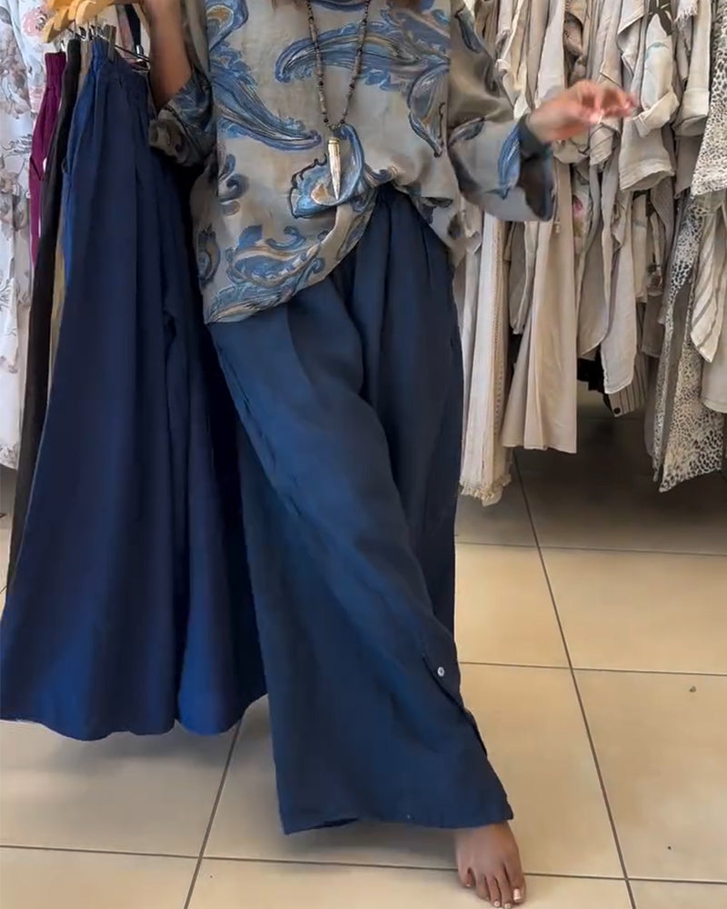 Hose elastische Taille Knopf-Deko Weitbein lang