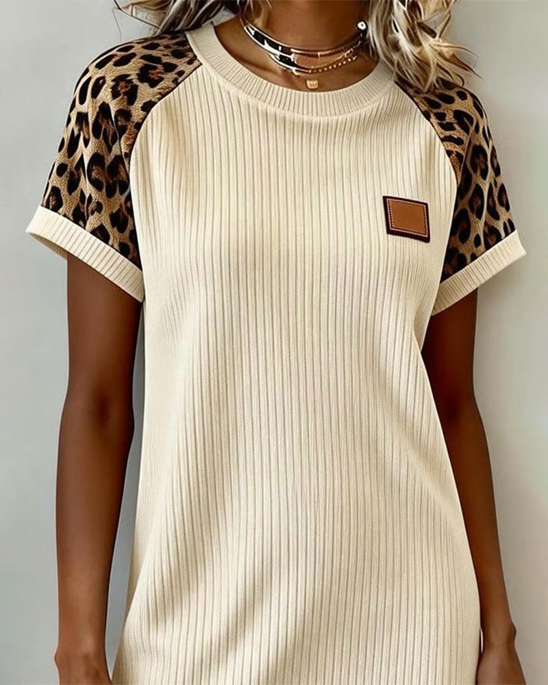 Kleid Rundhalsausschnitt Leopardenprint Color-Block