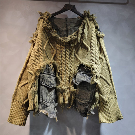 Distressed Knit Sweater with Denim Patchwork for Women - Piera