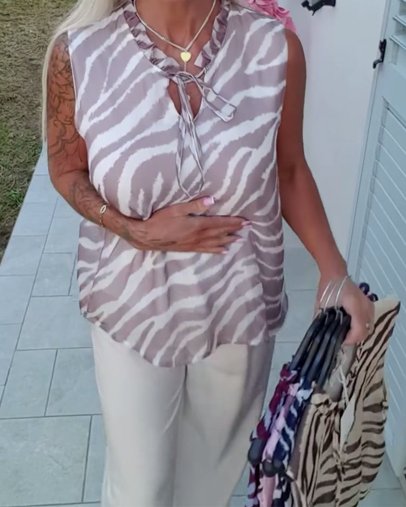 Blouse Imprimé Zébré Sans Manches Col Ruban