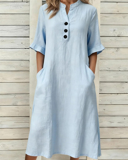 Kleid Leinen Stehkragen Mittel Ärmel