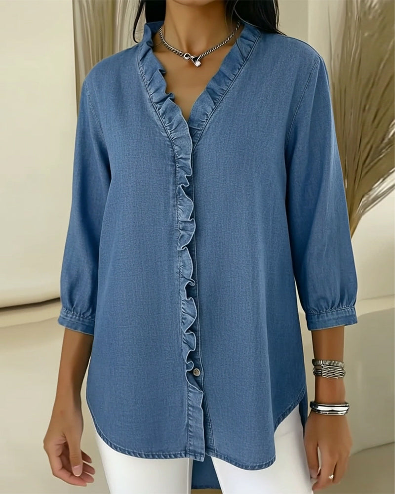 Bluse Ruffle V-Ausschnitt Denim