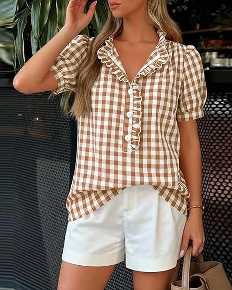 Bluse Karo Puff Kurzarm
