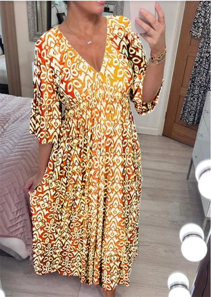 💃Heißer Ausverkauf 🔥 Kaufen Sie 2 versandkostenfrei💞Lässiges, bedrucktes langes Kleid mit V-Ausschnitt