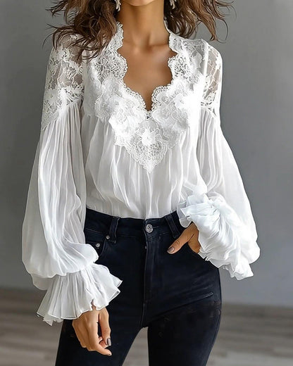 Bluse Spitze Patchwork V-Ausschnitt