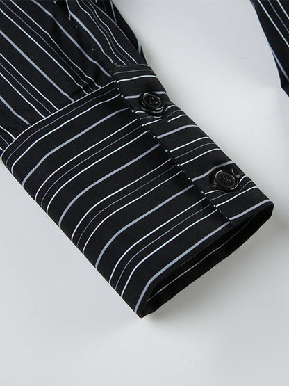 Black Vintage Stripe V Neck Slim Fit Long Sleeve Shirt