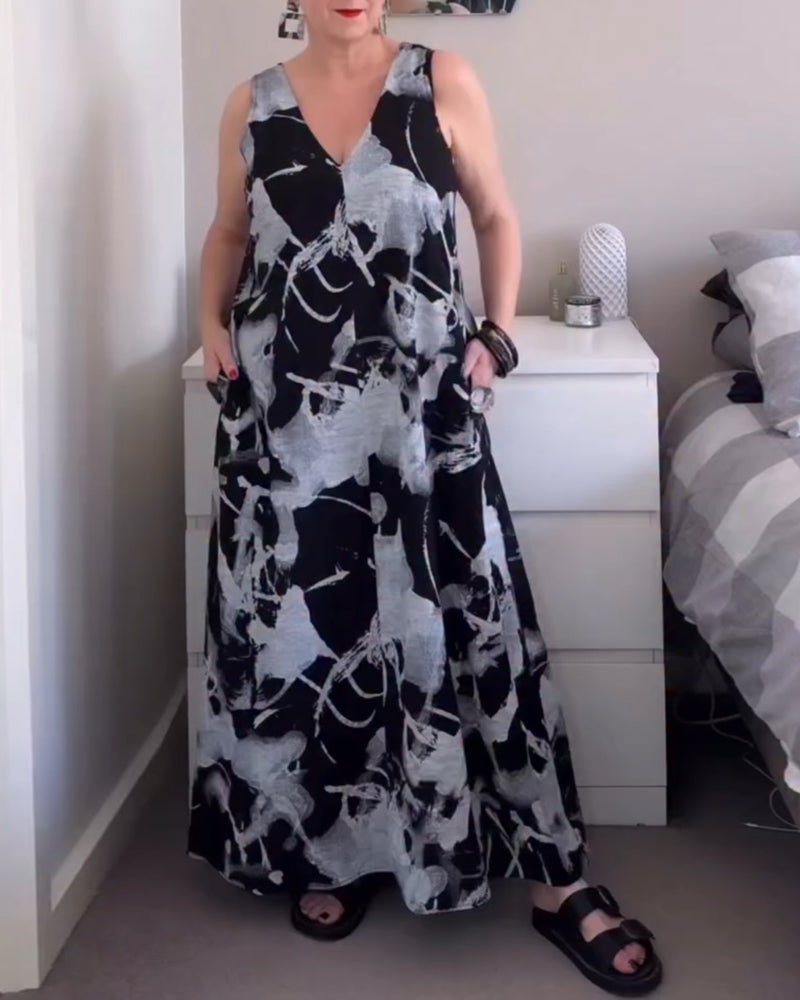 Kleid V-Ausschnitt Retro-Druck ärmellos