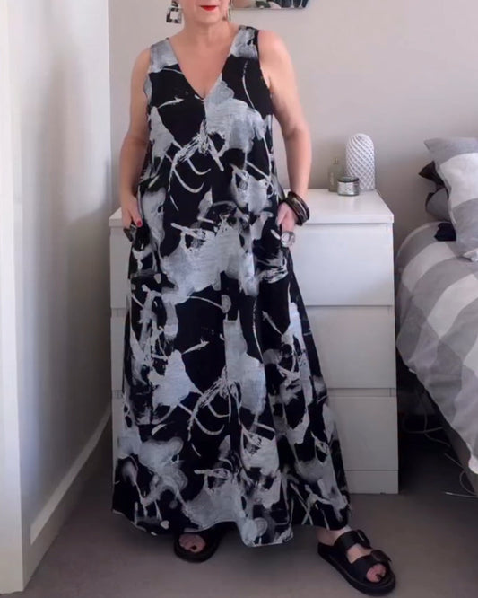 Kleid V-Ausschnitt Retro-Druck ärmellos