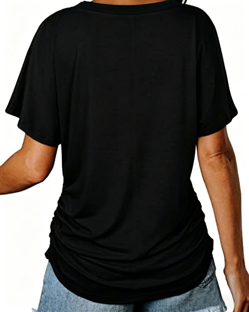 T-Shirt Plissiert Einfarbig V-Ausschnitt