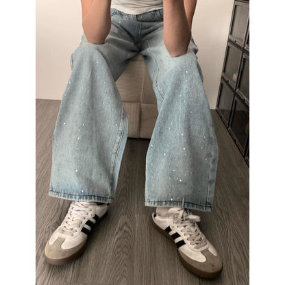 Light Blue Wide Leg Rhinestone Jeans for Women - Tonia