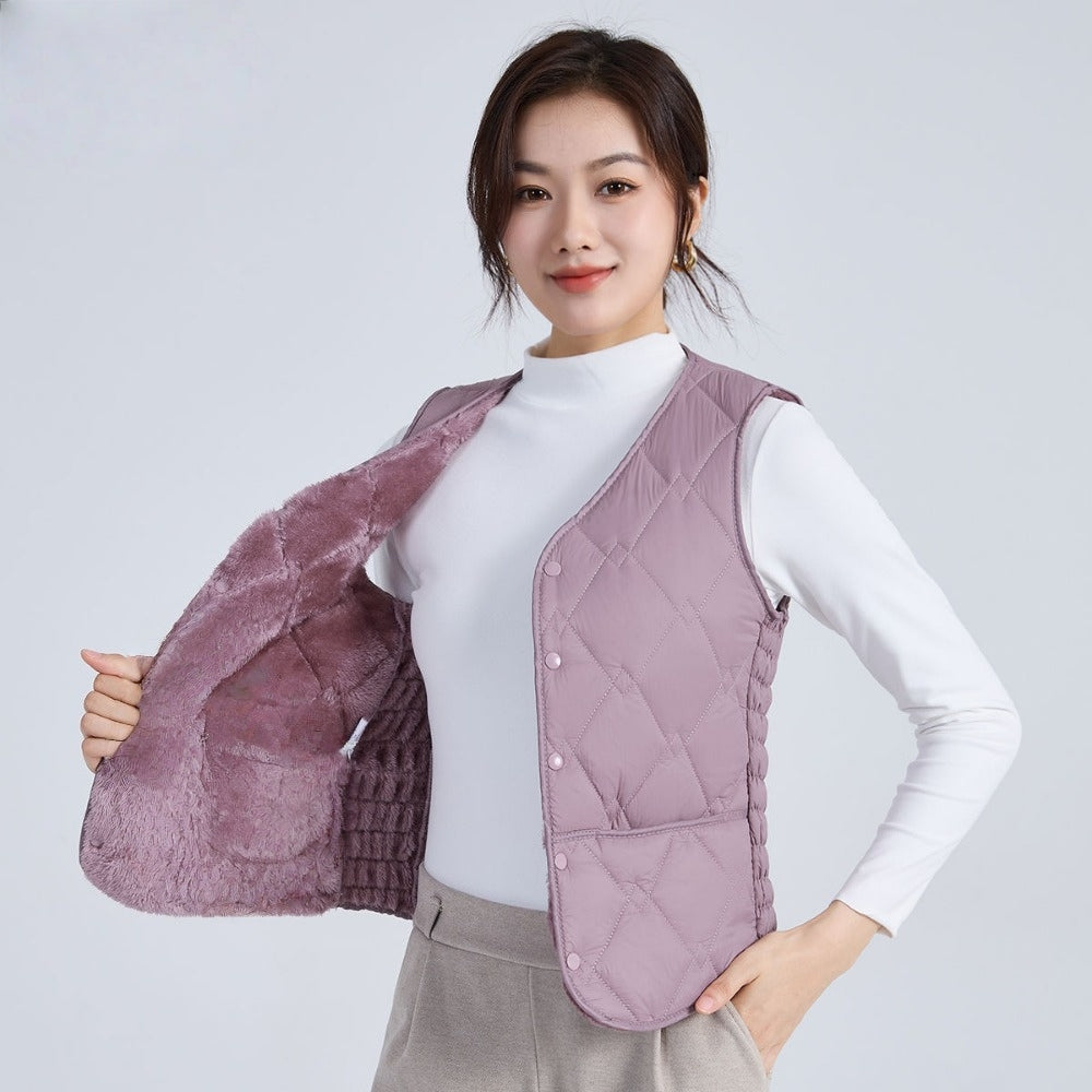 Quilted Puffer Vest with Button Closure for Women - Melissa