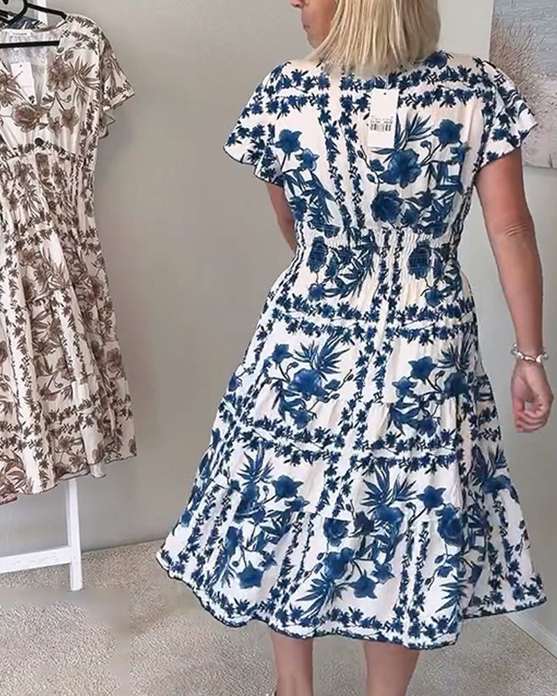 Kleid V-Ausschnitt bedruckt taillierend