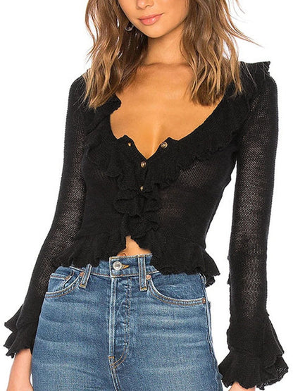 Einfarbiger Vintage V-Ausschnitt Rüschenlangarm Strick