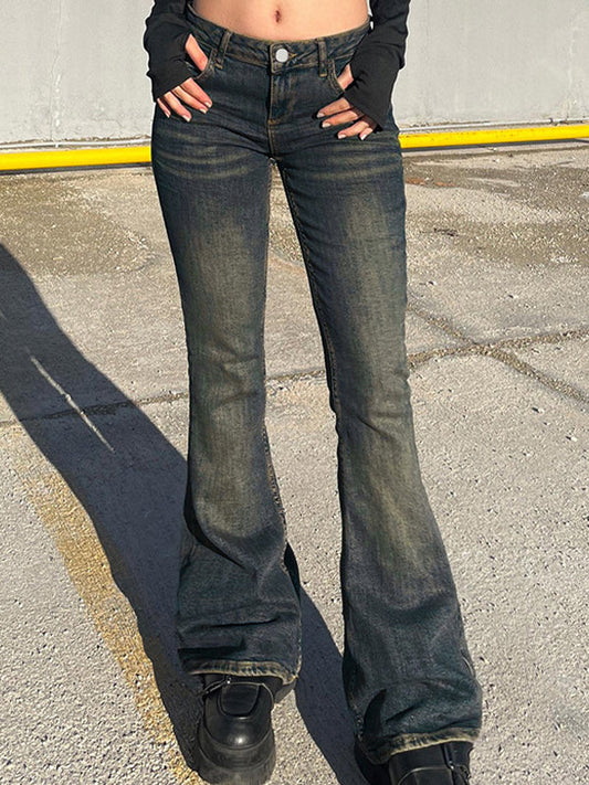 Blaue Vintage Taille Tief Geschnittene Schlankmachende Schlagjeans