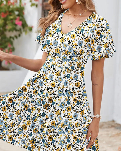 Kleid V-Ausschnitt geblümt kurzärmelig taillierend
