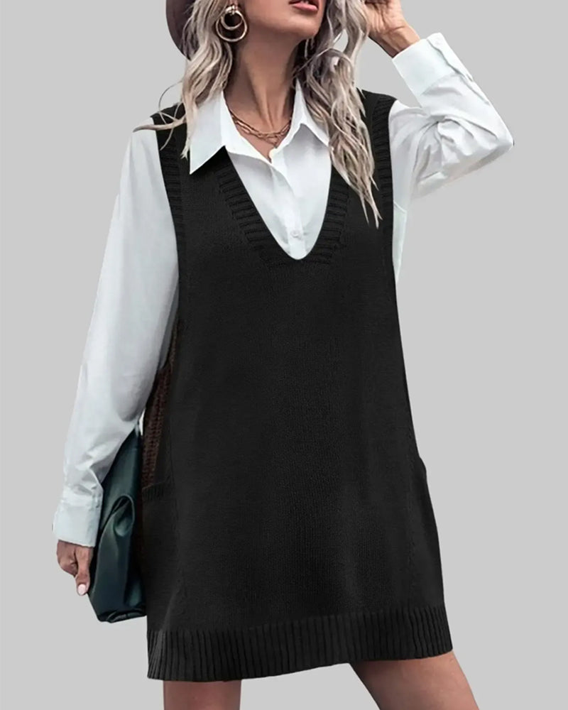 Kleid V-Ausschnitt Ärmellos Pullover Pullover