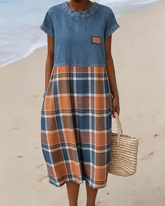 Kleid Denim Patchwork Karriert Leger