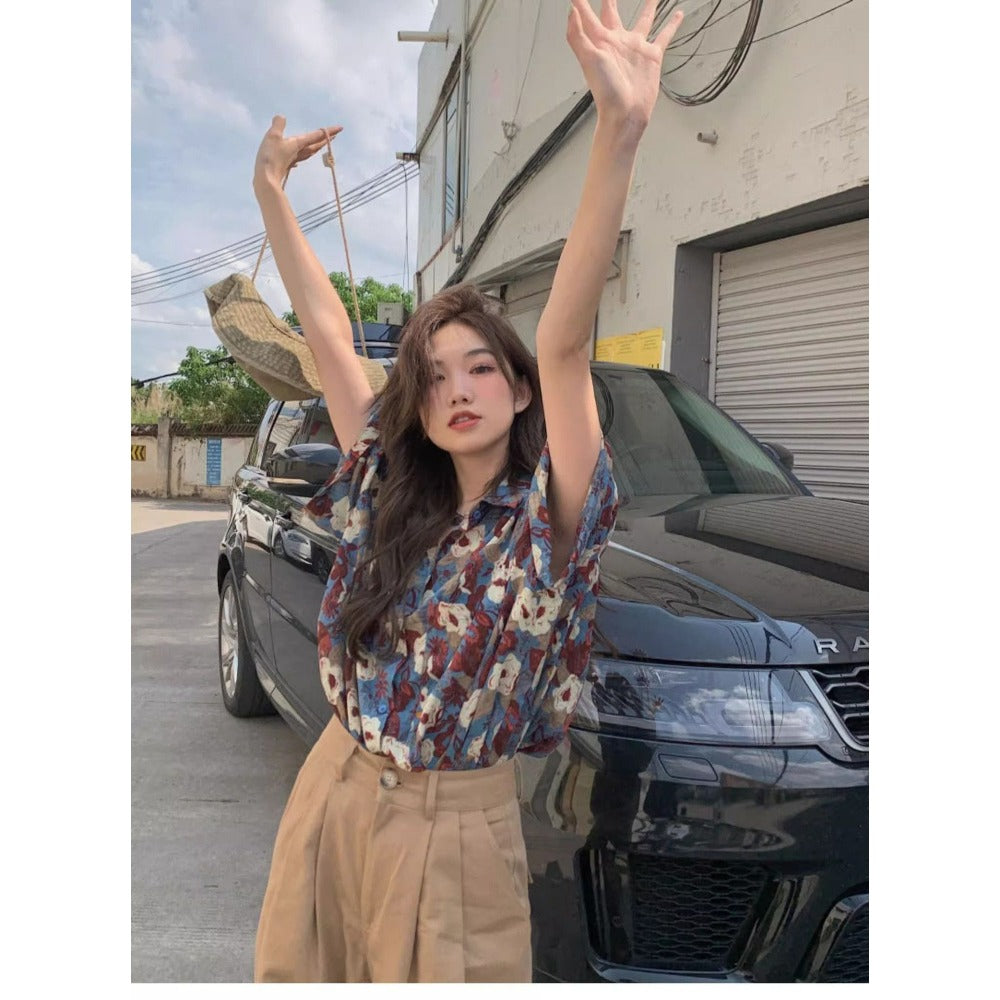 Blue Floral Print Button Up Shirt for Women - Sabina