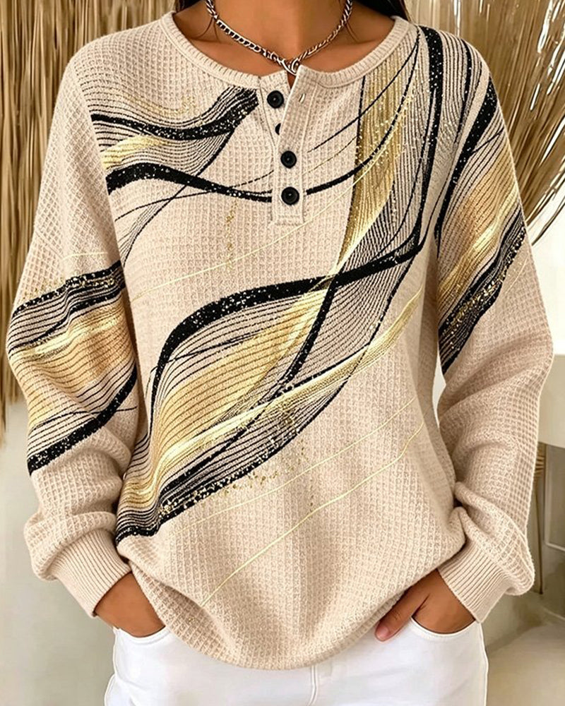 Sweatshirt Rund-Hals Knopf-Leiste Gestreift