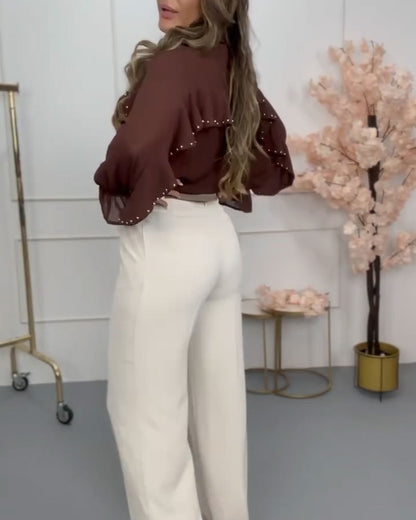 Bluse stylisch V-Ausschnitt gerüscht Perle